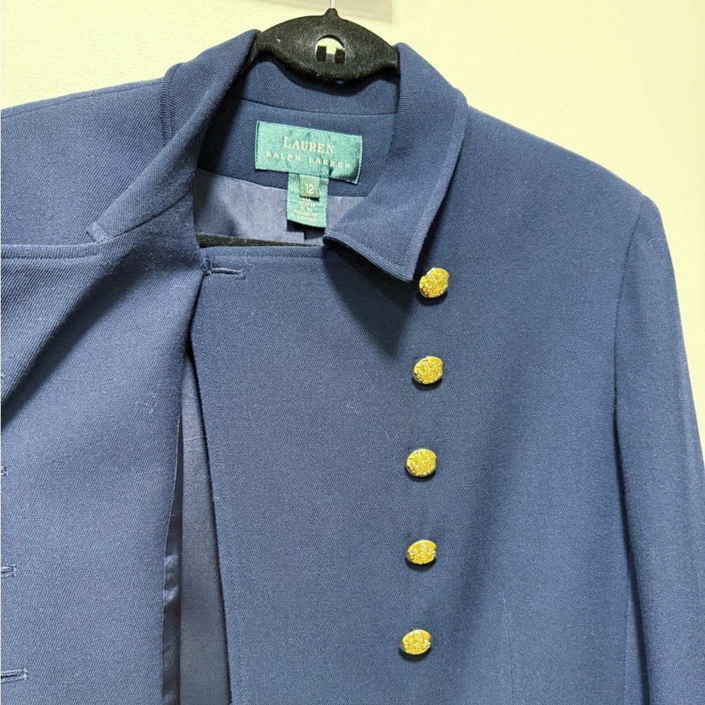 Vintage Lauren Ralph Lauren Asymmetrical Gold Button Wool Blazer Navy | 12 RARE - Picture 10 of 10
